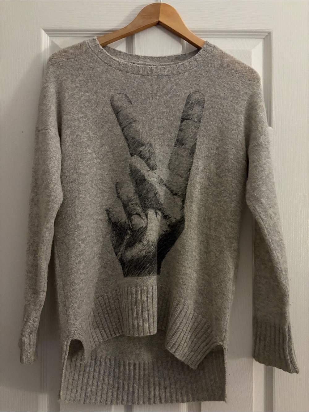 Lauren Moshi Women's Gray Cashmere Crewneck Sweater with Peace Hand Graphic